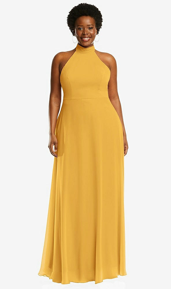 Front View - NYC Yellow High Neck Halter Backless Maxi Dress