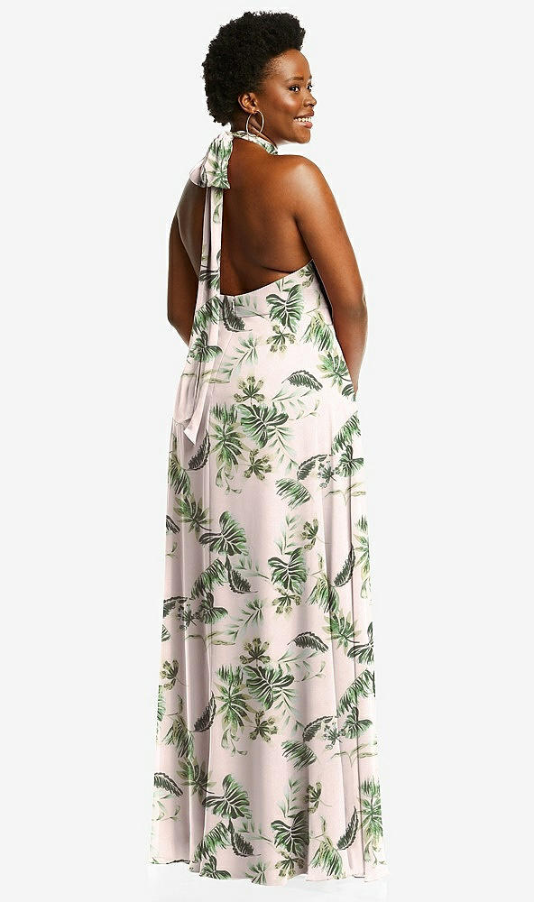 Back View - Palm Beach Print High Neck Halter Backless Maxi Dress