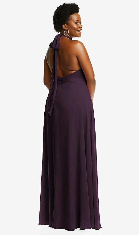 Back View - Aubergine High Neck Halter Backless Maxi Dress