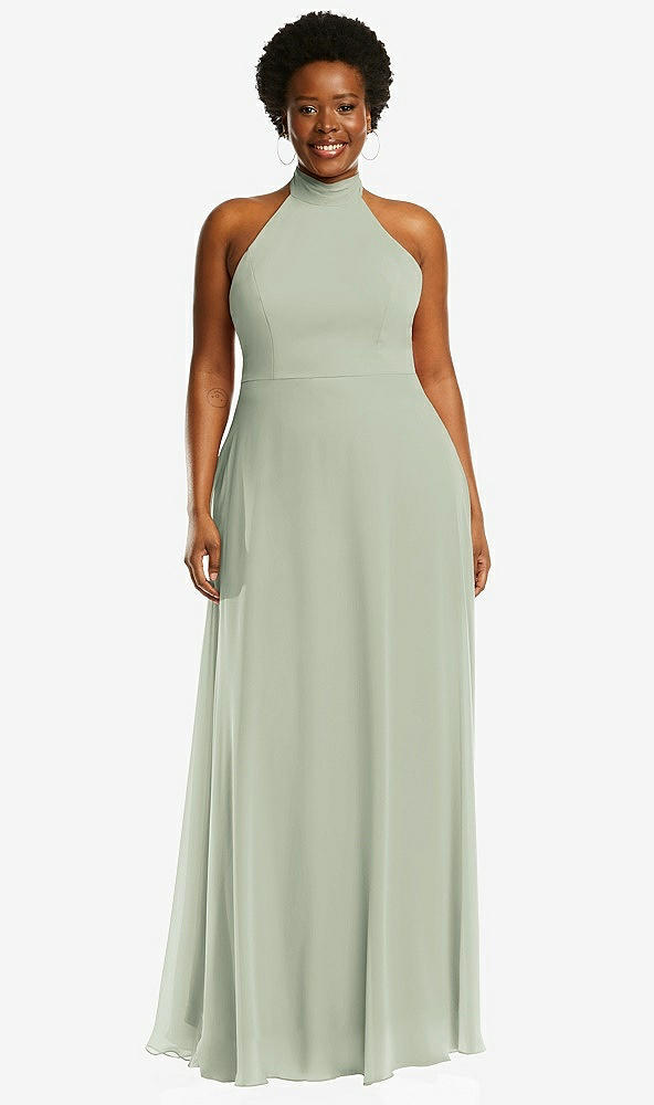 Front View - Celadon High Neck Halter Backless Maxi Dress