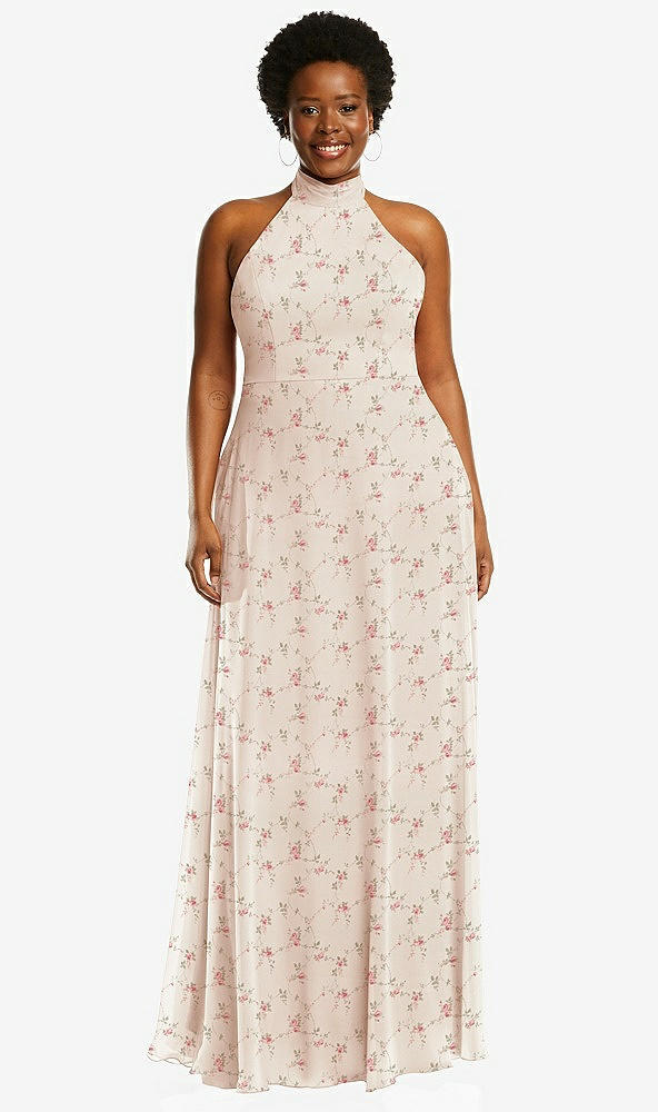 Front View - Coquette Floral Print High Neck Halter Backless Maxi Dress