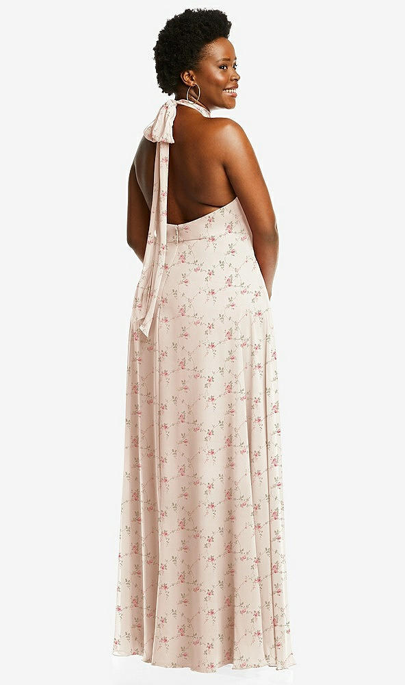 Back View - Coquette Floral Print High Neck Halter Backless Maxi Dress