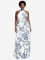 Front View Thumbnail - Cottage Rose Dusk Blue High Neck Halter Backless Maxi Dress