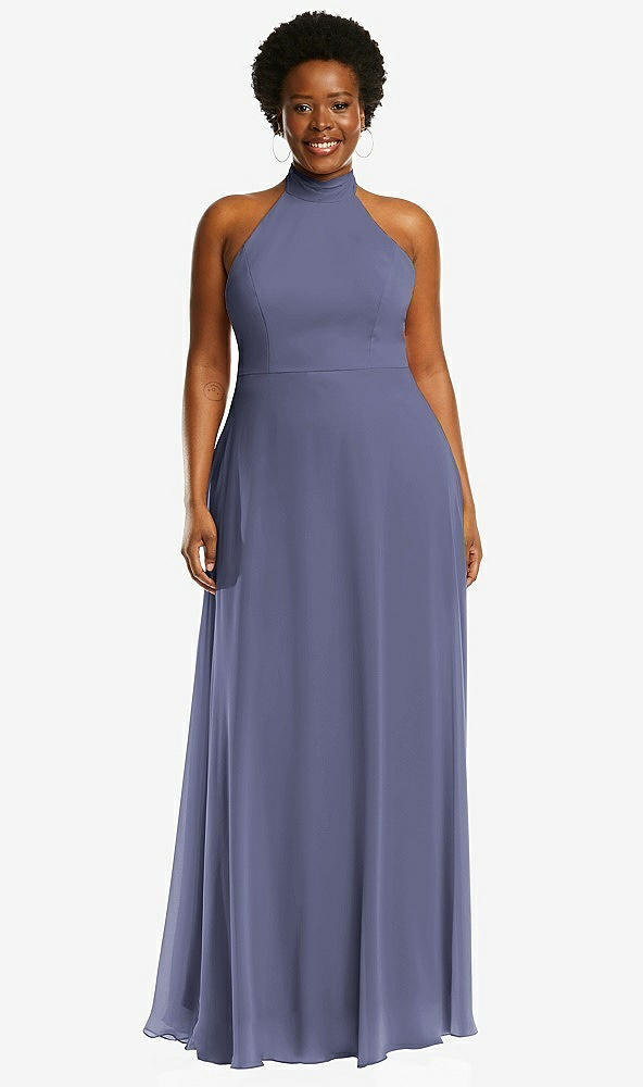 Front View - French Blue High Neck Halter Backless Maxi Dress