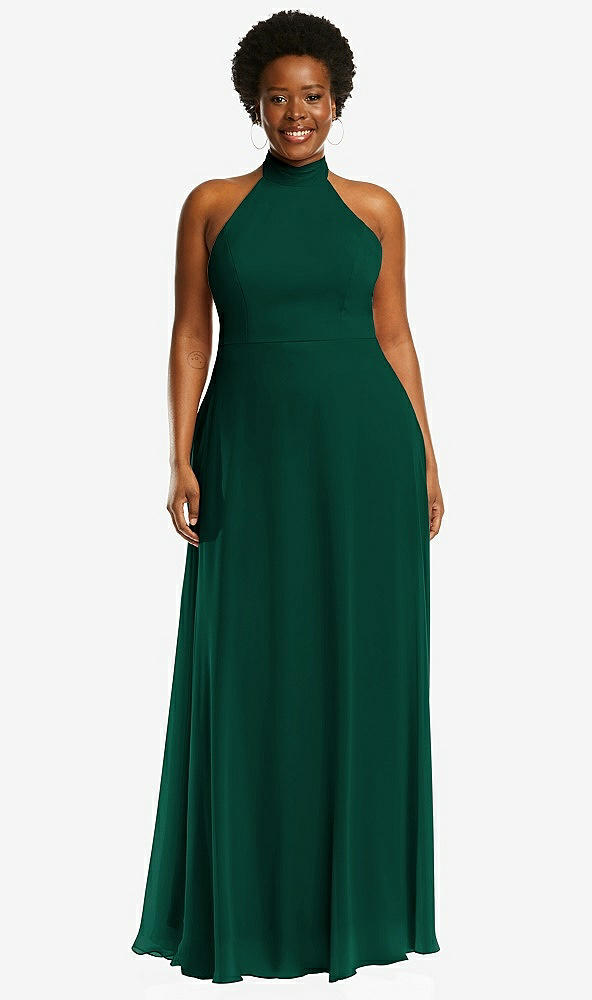 Front View - Hunter Green High Neck Halter Backless Maxi Dress