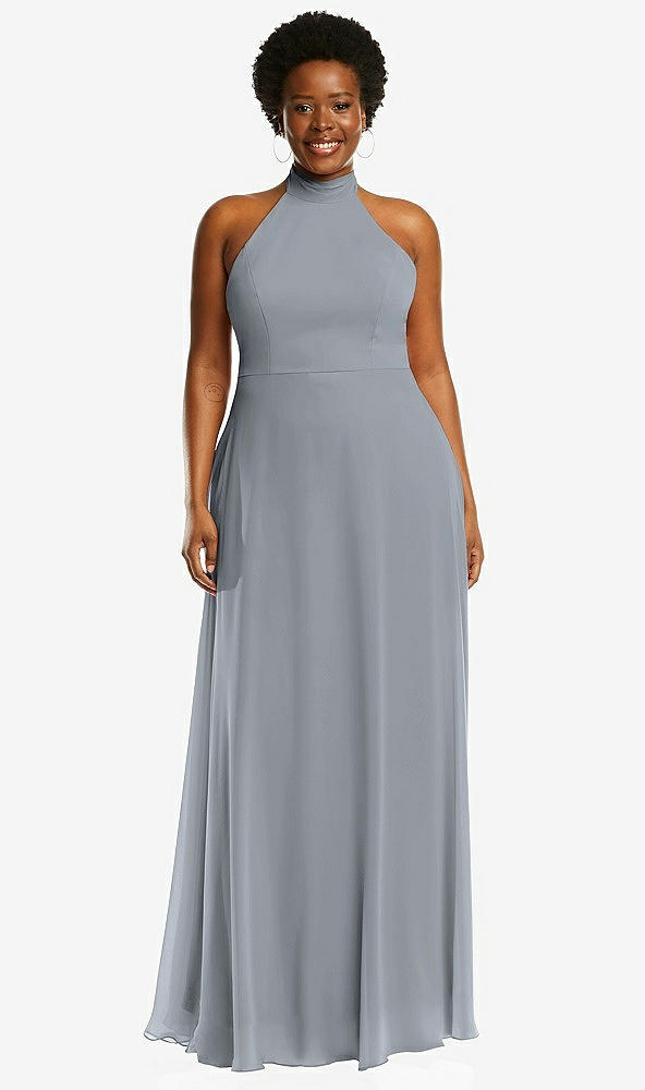 Front View - Platinum High Neck Halter Backless Maxi Dress