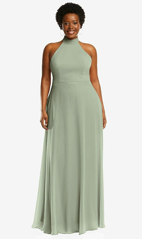 Front View - Sage High Neck Halter Backless Maxi Dress