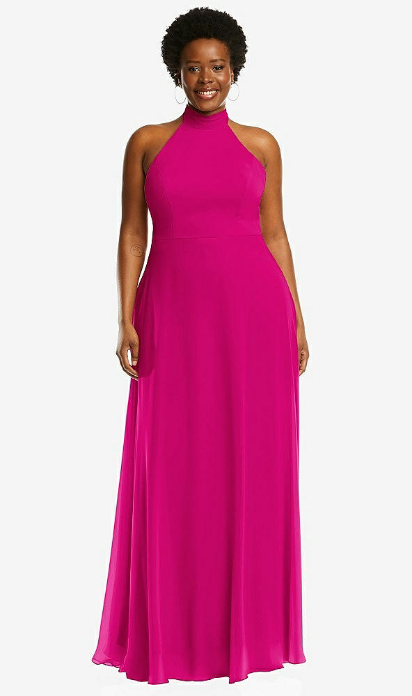 Front View - Think Pink High Neck Halter Backless Maxi Dress