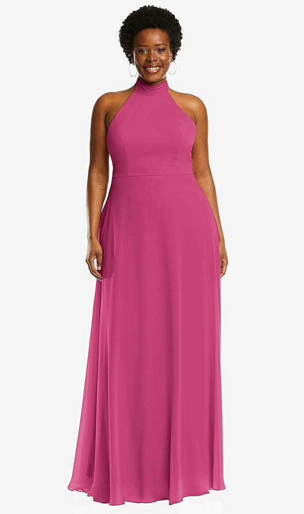 Front View - Tea Rose High Neck Halter Backless Maxi Dress