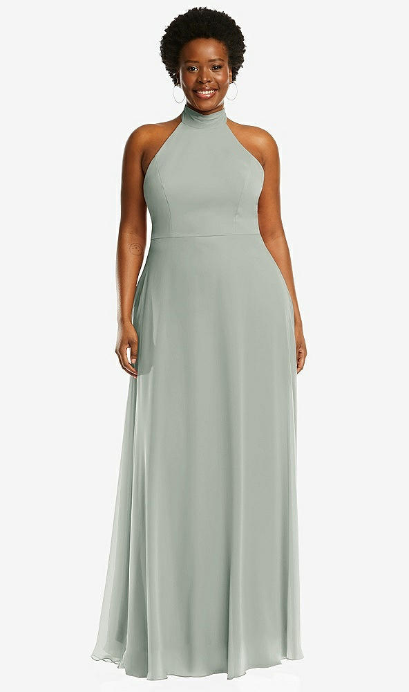 Front View - Willow Green High Neck Halter Backless Maxi Dress