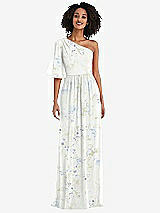 Front View Thumbnail - Bleu Garden One-Shoulder Bell Sleeve Chiffon Maxi Dress