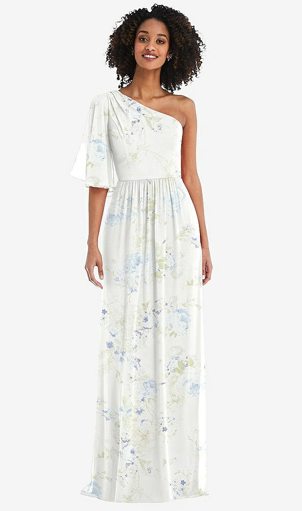 Front View - Bleu Garden One-Shoulder Bell Sleeve Chiffon Maxi Dress