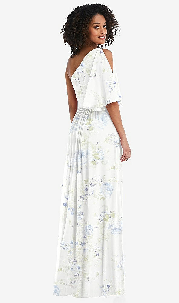 Back View - Bleu Garden One-Shoulder Bell Sleeve Chiffon Maxi Dress