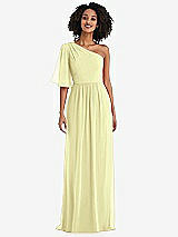 Front View Thumbnail - Butter Yellow One-Shoulder Bell Sleeve Chiffon Maxi Dress