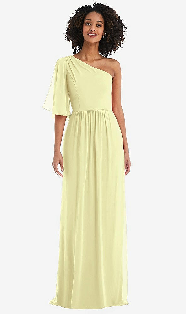 Front View - Butter Yellow One-Shoulder Bell Sleeve Chiffon Maxi Dress