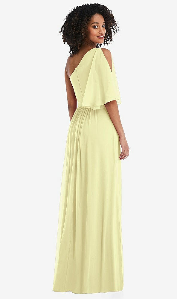 Back View - Butter Yellow One-Shoulder Bell Sleeve Chiffon Maxi Dress