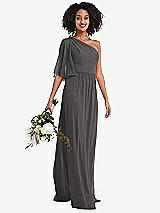 Alt View 1 Thumbnail - Caviar Gray One-Shoulder Bell Sleeve Chiffon Maxi Dress