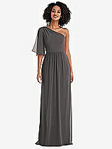 Front View Thumbnail - Caviar Gray One-Shoulder Bell Sleeve Chiffon Maxi Dress