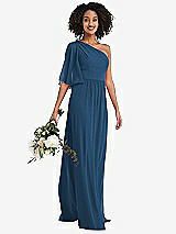 Alt View 1 Thumbnail - Dusk Blue One-Shoulder Bell Sleeve Chiffon Maxi Dress