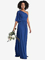 Alt View 1 Thumbnail - Classic Blue One-Shoulder Bell Sleeve Chiffon Maxi Dress