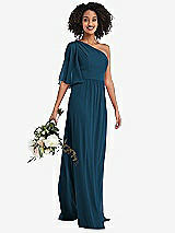 Alt View 1 Thumbnail - Atlantic Blue One-Shoulder Bell Sleeve Chiffon Maxi Dress