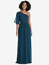 Front View Thumbnail - Atlantic Blue One-Shoulder Bell Sleeve Chiffon Maxi Dress