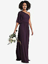 Alt View 1 Thumbnail - Aubergine One-Shoulder Bell Sleeve Chiffon Maxi Dress