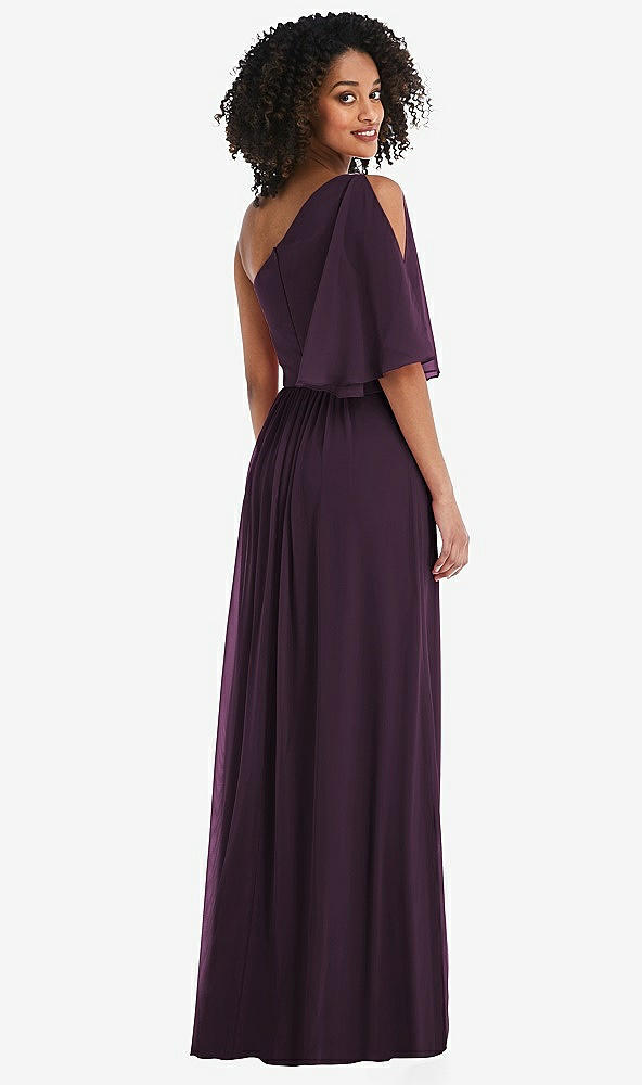 Back View - Aubergine One-Shoulder Bell Sleeve Chiffon Maxi Dress