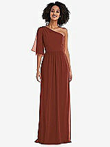 Front View Thumbnail - Auburn Moon One-Shoulder Bell Sleeve Chiffon Maxi Dress