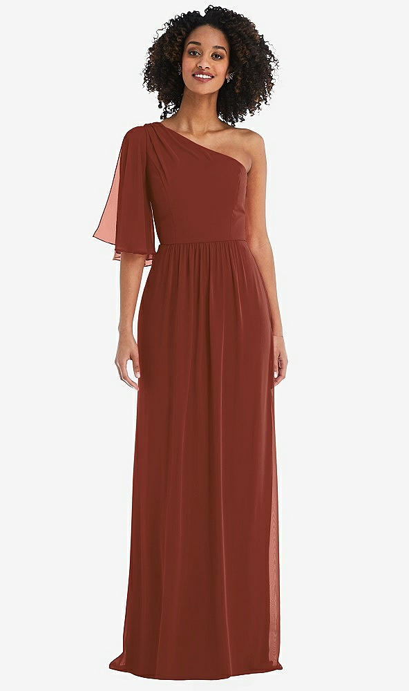 Front View - Auburn Moon One-Shoulder Bell Sleeve Chiffon Maxi Dress