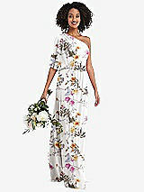 Alt View 1 Thumbnail - Butterfly Botanica Ivory One-Shoulder Bell Sleeve Chiffon Maxi Dress