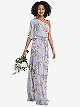 Alt View 1 Thumbnail - Butterfly Botanica Silver Dove One-Shoulder Bell Sleeve Chiffon Maxi Dress