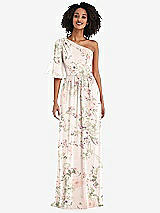 Front View Thumbnail - Blush Garden One-Shoulder Bell Sleeve Chiffon Maxi Dress