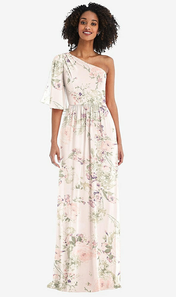 Front View - Blush Garden One-Shoulder Bell Sleeve Chiffon Maxi Dress