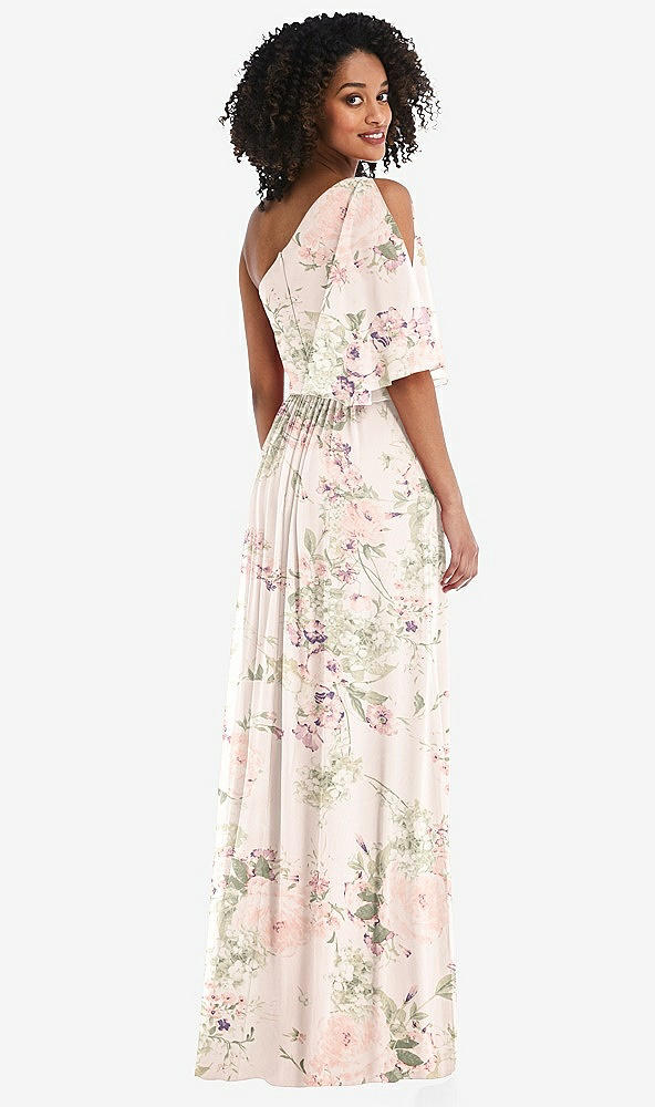 Back View - Blush Garden One-Shoulder Bell Sleeve Chiffon Maxi Dress