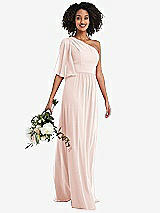 Alt View 1 Thumbnail - Blush One-Shoulder Bell Sleeve Chiffon Maxi Dress