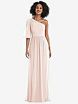 Front View Thumbnail - Blush One-Shoulder Bell Sleeve Chiffon Maxi Dress