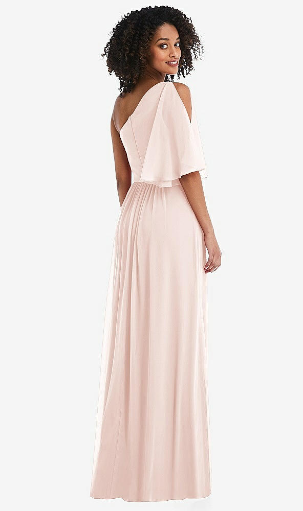 Back View - Blush One-Shoulder Bell Sleeve Chiffon Maxi Dress