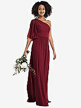 Alt View 1 Thumbnail - Burgundy One-Shoulder Bell Sleeve Chiffon Maxi Dress