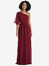 Front View Thumbnail - Burgundy One-Shoulder Bell Sleeve Chiffon Maxi Dress