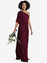 Alt View 1 Thumbnail - Cabernet One-Shoulder Bell Sleeve Chiffon Maxi Dress