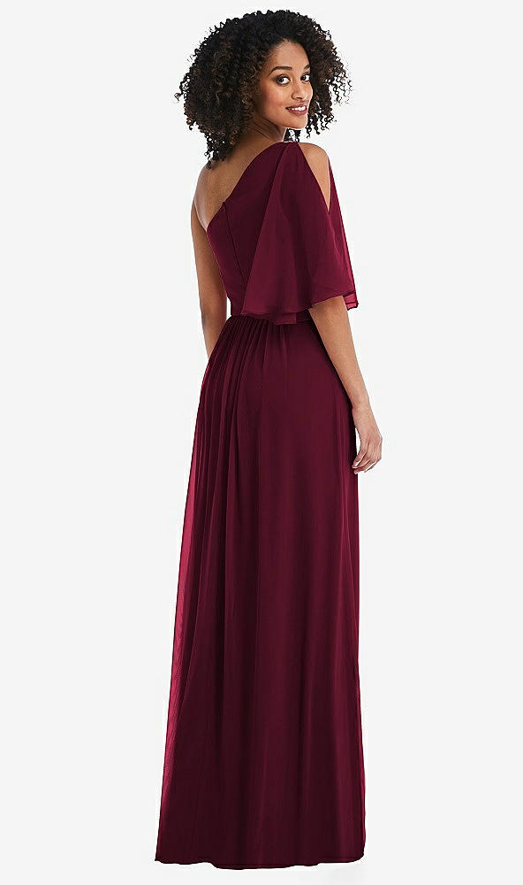 Back View - Cabernet One-Shoulder Bell Sleeve Chiffon Maxi Dress