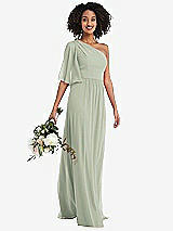 Alt View 1 Thumbnail - Celadon One-Shoulder Bell Sleeve Chiffon Maxi Dress