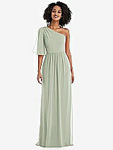 Front View Thumbnail - Celadon One-Shoulder Bell Sleeve Chiffon Maxi Dress