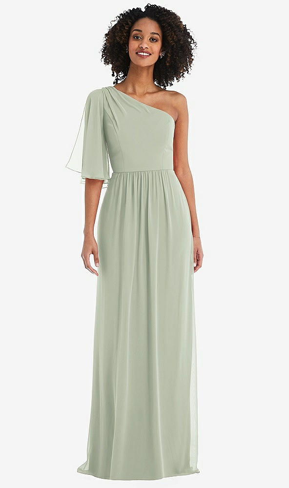 Front View - Celadon One-Shoulder Bell Sleeve Chiffon Maxi Dress