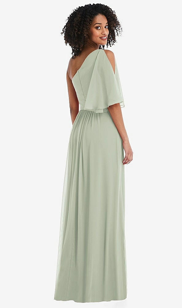 Back View - Celadon One-Shoulder Bell Sleeve Chiffon Maxi Dress