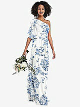 Alt View 1 Thumbnail - Cottage Rose Dusk Blue One-Shoulder Bell Sleeve Chiffon Maxi Dress