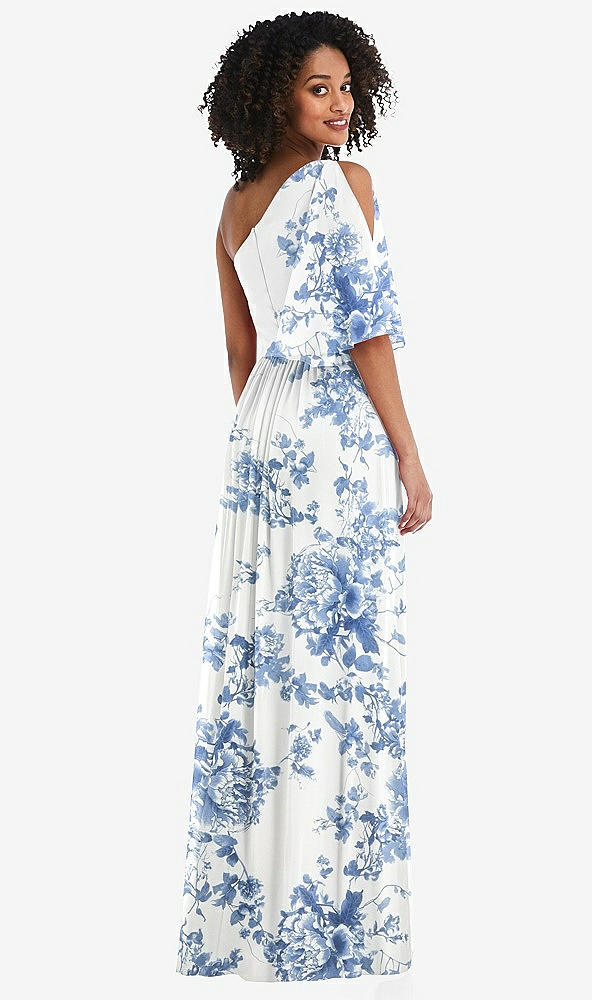 Back View - Cottage Rose Dusk Blue One-Shoulder Bell Sleeve Chiffon Maxi Dress