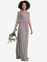 Alt View 1 Thumbnail - Cashmere Gray One-Shoulder Bell Sleeve Chiffon Maxi Dress