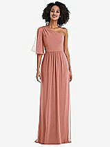 Front View Thumbnail - Desert Rose One-Shoulder Bell Sleeve Chiffon Maxi Dress